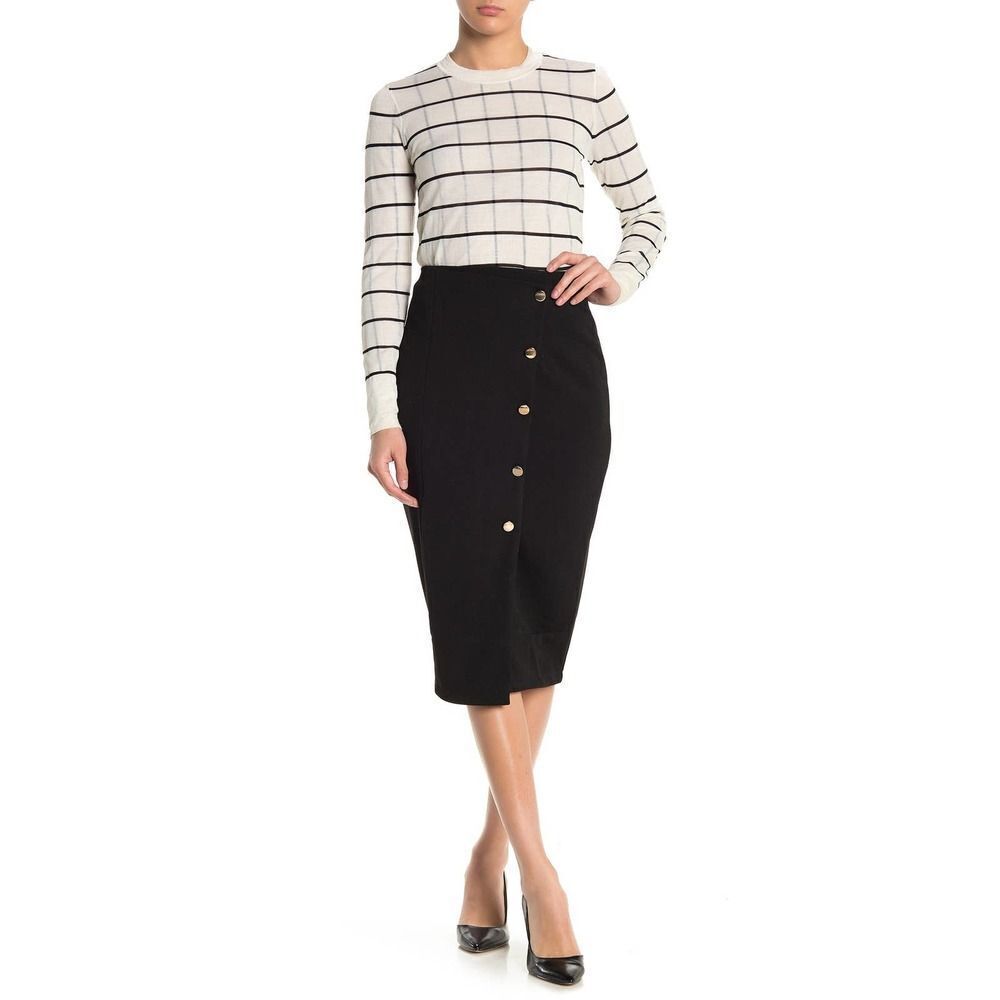 Bishop and Young Faux Button Front Black Career Midi Skirt Women's Small NWT